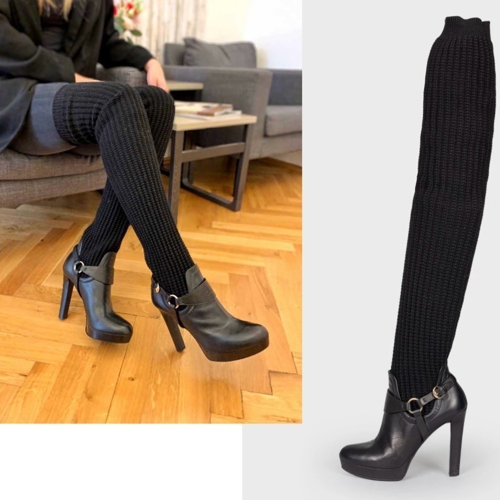 Gucci black wool knit over the knee sock harness boots leather platform 39.5